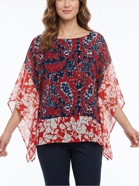MICHAEL KORS Floral Sheer Chiffon Blouse Kaftan Top Flowy Kimono Sleeves Sz S/M